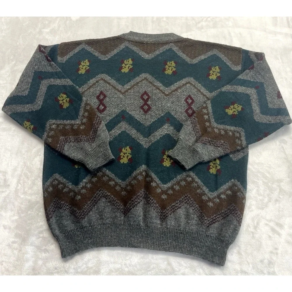 Fiii Sweater Men XL Brown Geometric Crew Neck Wool Acrylic Blend Pullover Italy